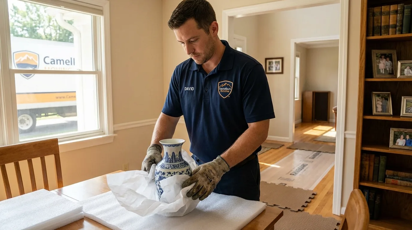 Professional crew carefully wrapping antique vase for senior downsizing move in Corbin, KY